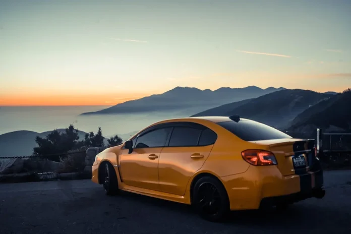 Yellow Subaru BRX at Sunset